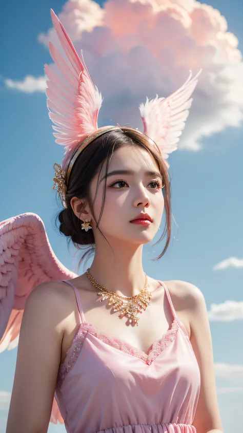 1 Girl, solo, pink dress, pairs of pink bird wings on head, Gold necklace, Cloudy background, Colorful clouds, in the sky, ((Best quality)), ((highly-detailing)), (Detailed face), (offcial art), attractive poses,