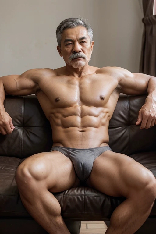 A young Thai grandfather with gray hair, a mustache, a muscular body, wearing bulging underwear sits on a wooden sofa.