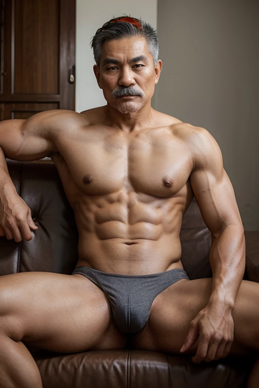 A young Thai grandfather with gray hair, a mustache, a muscular body, wearing bulging underwear sits on a wooden sofa.