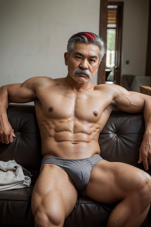 A young Thai grandfather with gray hair, a mustache, a muscular body, wearing bulging underwear sits on a wooden sofa.