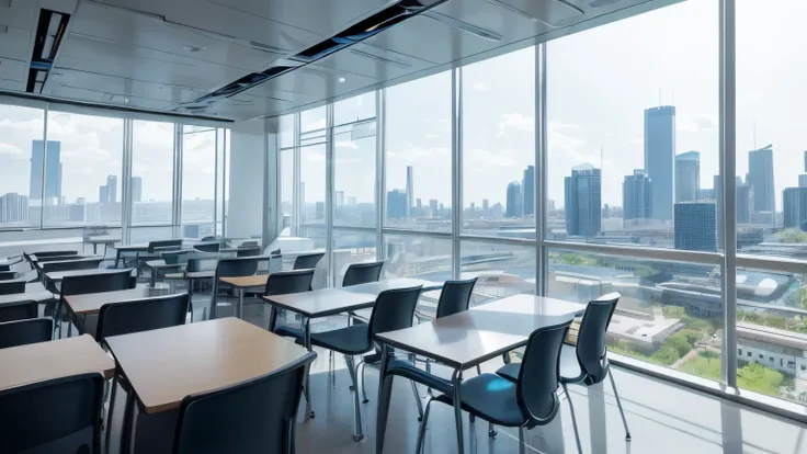 In an alien structure classroom with windows, there are futuristic white desks and chairs. The room is clean and organized, featuring futuristic synthetic wave designs on the walls and furniture. The architectural structure of the classroom itself has a st...