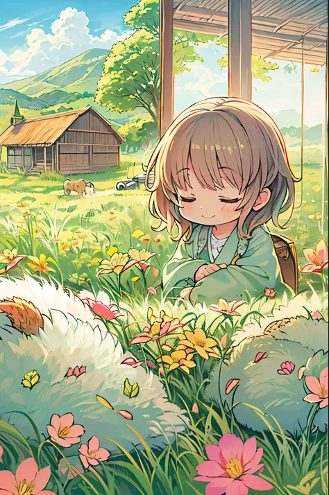 kawaii、8 years old girl、Are sleeping、Chibi, beautiful anime scene, country scenery, Background of the field, Beautiful anime scenery, Beautiful peace scenes in anime, farming、farmhouse、 Sleep with a happy face on the grass、gentle wind