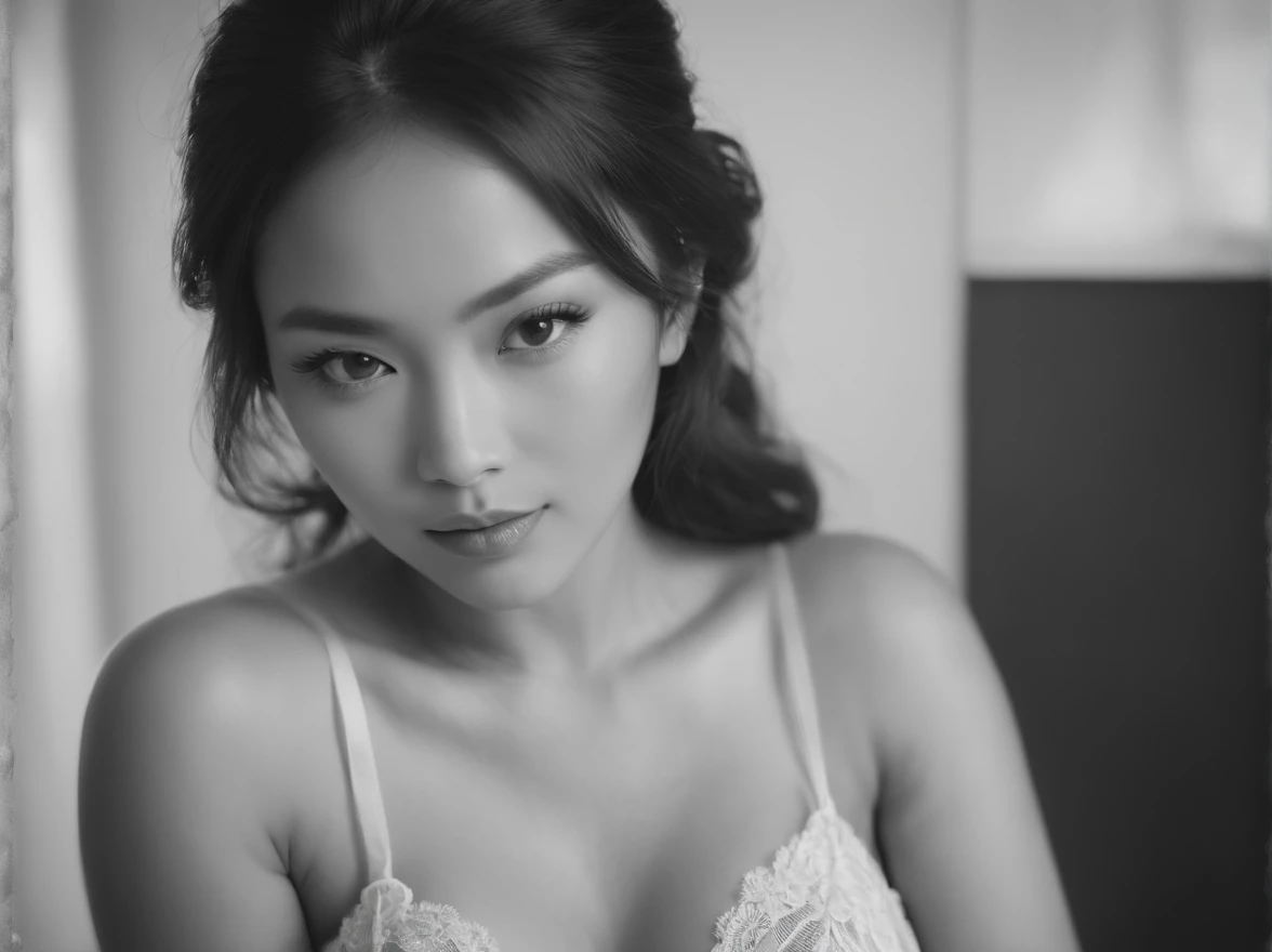 (Black and White photorealistic) a FULL BODY topless beautiful ASIAN woman, slightly tanned skin tone, wearing vintage lingerie, DOGGY sexy pose, black and white flash polaroid photo ,add film grain ,mid-century living room style, , detailed face expressio...