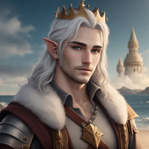 Elfo escuro, with crown on the head, cabelo branco, olhos claros, RPG, masculino