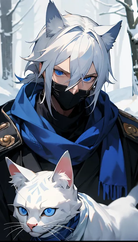 (masterpiece), best quality, expressive eyes, perfect face, young adult, man, White hair pulled back, royal blue eyes, feline eyes, muscular build, winter clothing, scarf, cat ears, black face masks, Serious look, in a snowy forest.