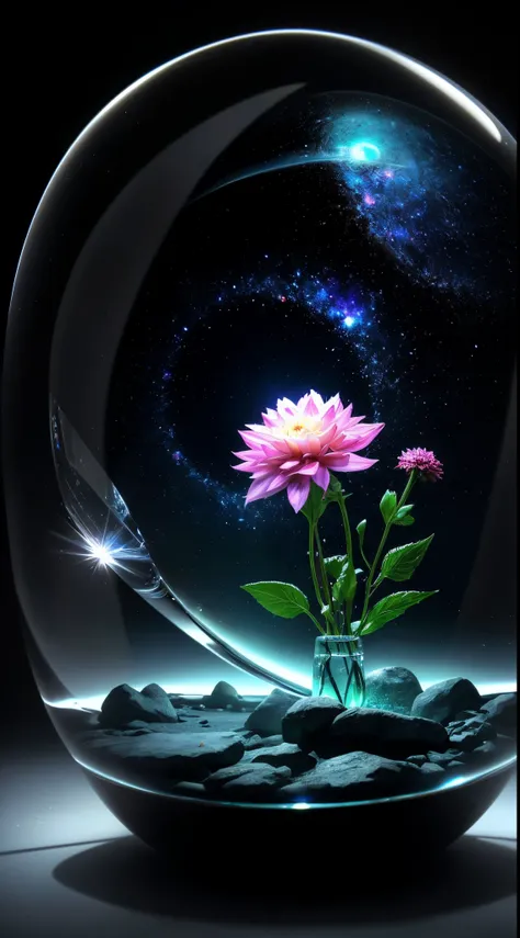 There is a glass vase with dahlias inside.., Galaxy in a bottle, A dream-like landscape inside the bottle, Bottle of Stars, Staring into space, Giant glass dome in space, stars reflected in glass, crystal orb, in the astral plane)), adam martinski, Detaile...