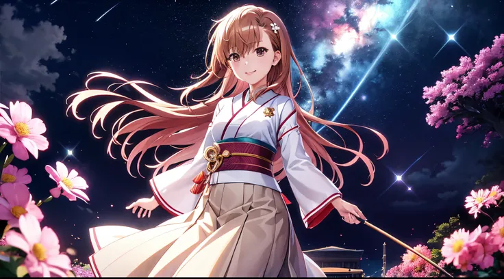 Anime view of Misaka mikoto, 1girl, teen girl, kawaii, solo, chestnut hair, hairpin,brown eyes, standing, looking at viewer,smile,cosmic stars kimono,praying beads on neck, long skirt,flower fields in greek Acropolis waterfalls,night sky nebulae,anime styl...