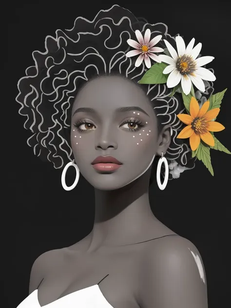 pintura de uma mulher com flores no cabelo, mulher negra, mulher jovem negra, jovem mulher negra, girl with a flower head, princ...