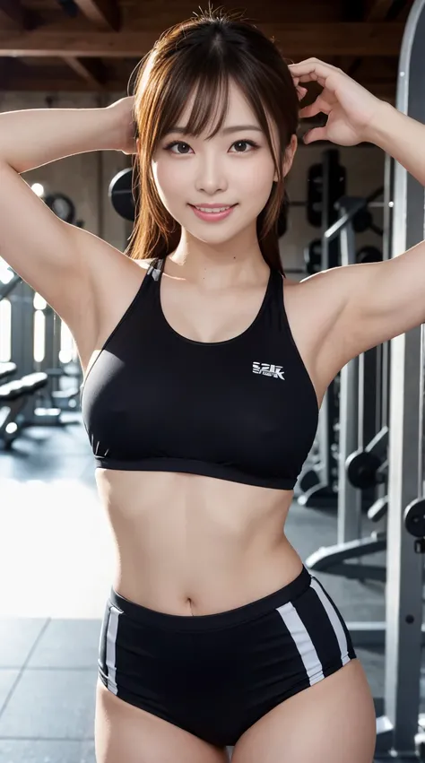 8K、Realistic、A detailed face、Detailed mouth、A detailed eye、wetted skin、is standing、raise arms、A smile、shot from front、large full breasts、sports wear、training gym