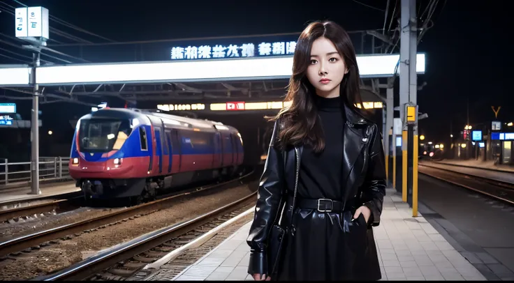 A beautiful woman stands alone on the platform of a rural station。Beautiful double eyes。Passed nasal muscle。well-shaped lips。dark brown hair。Serious look。Contemporary attire。Midnight。unmanned station。8K picture quality。