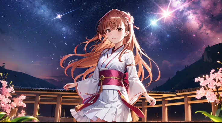 Anime view of Misaka mikoto, 1girl, teen girl, kawaii, solo, chestnut hair, hairpin,brown eyes, standing, looking at viewer,smile,cosmic stars kimono,praying beads on neck, long skirt,flower fields in greek Acropolis waterfalls,night sky nebulae,anime styl...