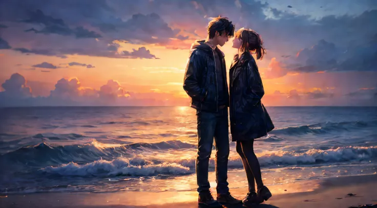 A depressed boy finally found his soulmate girl, 16k, highly detailed, sunset landscape, sad acene, depressing scene, emotional scene, cinematic, your name scene, beautiful eyes, beautiful faces, two lovers, 1girl, 1boy