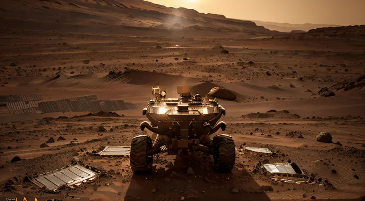 On Mars, the rover looks for signs of water, detects organic molecules, and analyzes soil composition. The rover has strong metal texture, solar panels, realistic photography, details of the Martian sky, golden section composition, ultra-wide angle, high r...