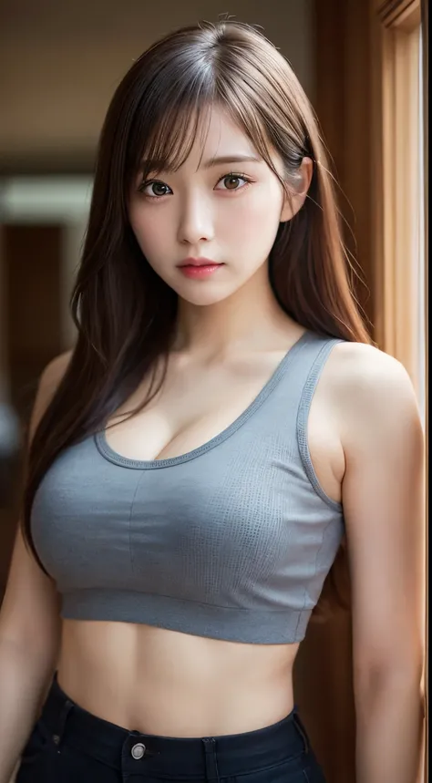 masutepiece, Best Quality, Illustration, Ultra-detailed, finely detail, hight resolution, 8K Wallpaper, Perfect dynamic composition, Beautiful detailed eyes,  Natural Lip,Tank Tops:1.9,cleavage,thigh visible,I can see my toned abs,Full body