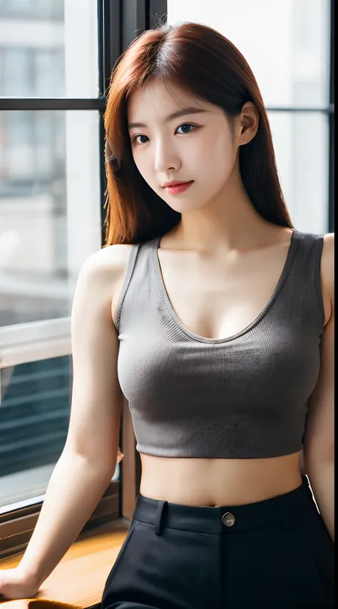 Realistic photos of (1 cute Korean star) hair over shoulder, 32 inch breasts size, gray v-neck crop top, pants, at office windows side, close-up, Canon, UHD