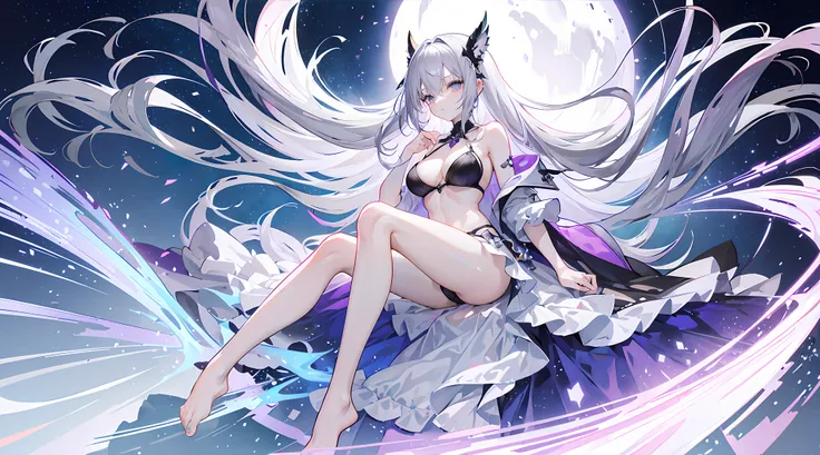 Lilac gradient hair,Asymmetrical hair,（（Hair is very thick 1.8，Hair is well-defined1.6））， Hair over the shoulder, messy  hair, Very long hair, shinny hair，(Long gray hair:1.2),A beautyful girl，（Luxurious Platinum Mini Lolita，Made of transparent material），（...