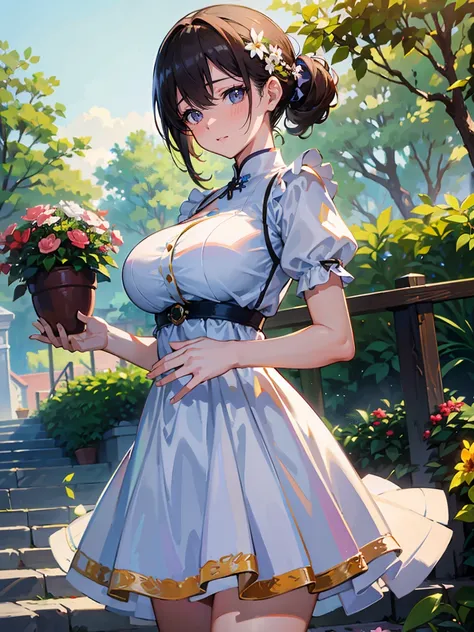 ((​masterpiece)), ((top-quality)), (hight resolution:1.5), (extremely detailed CG unified 8k wallpaper), Photorealsitic, Vibrant colors, High-definition beauty face, Beautiful detailed eyes, ((large full breasts)), kawaii girl, white dress with beaded embr...