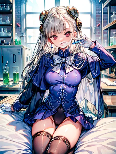 (​masterpiece、top-quality、hight resolution)、(,In the detailed laboratory:1.6),1girl in、独奏、ingridms、hairpods、gloves、skirt by the、panthyhose、the bow、doress、Rape Eye、(evil smile:1.4)、anime styled、Evil executives、Trampling、full body Esbian,Black Leotard Bodysu...