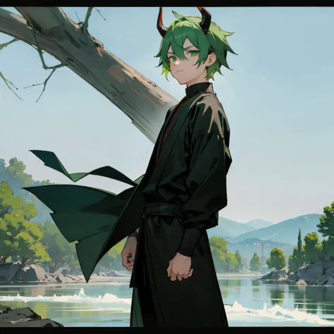 Green hair , green eyes , black clothing , ninja clothing , 1male , Demon Horn , Standing infront of a River