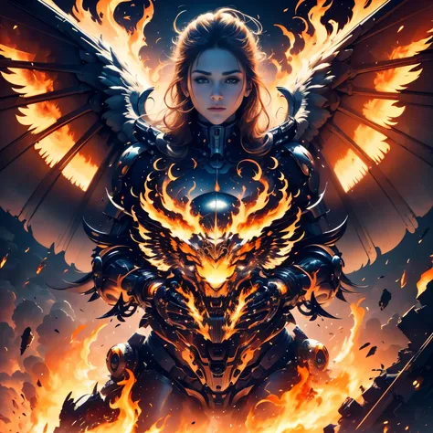 human face, (mechanical and animal like body), 12 wings, on fire, apocalypse, (flying), huge angel,