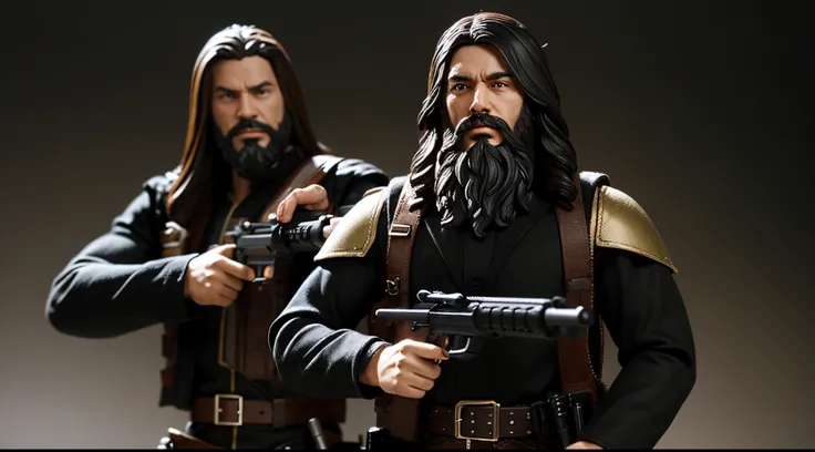 1 Man solo, he has a short black beard and he has long black flowing hair. He has turned into an action figure with a rifle