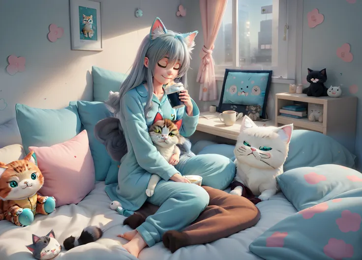 anime cat girl with long gray teal hair, wearing a pajamas, brown ayes, holding a cup of coffee, happy, a wide shot of a bedroom, cute plushie and pillow on the bed, hugging a cat, cute room, wide wallpaper. HD image, city background on the window,