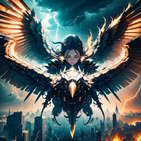 human face, (looks like mechanical bird body), 12 wings, thunderstorm, apocalypse, (flying), huge angel,