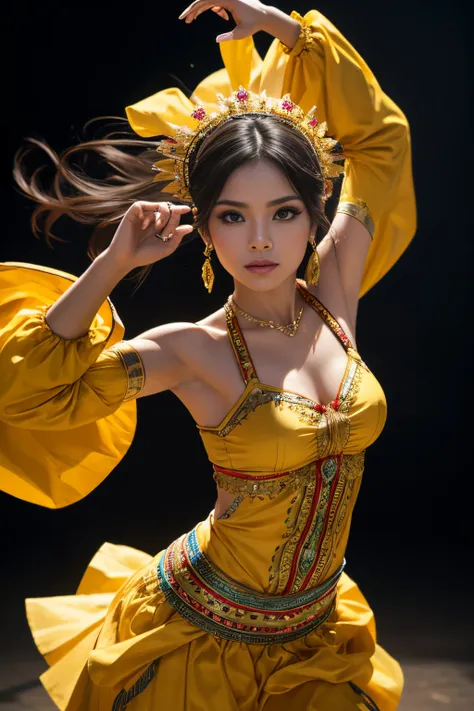 8k, highest quality, ultra details, elena, hispanic beauty, woman, traditional dance costume, fluid movements, captivating perfo...