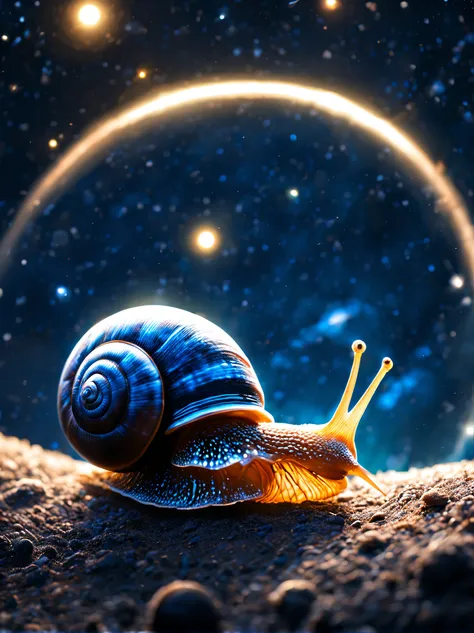 The subject in front is the back of a crawling little brown snail，The background is one（complete 1.2）、glowing（Huge 1.3）s（blue planet 1.2），Snails crawl on the lower edge of the planet，snails are small，The planet is huge，Ultra HD UHD，tmasterpiece，starlights、...