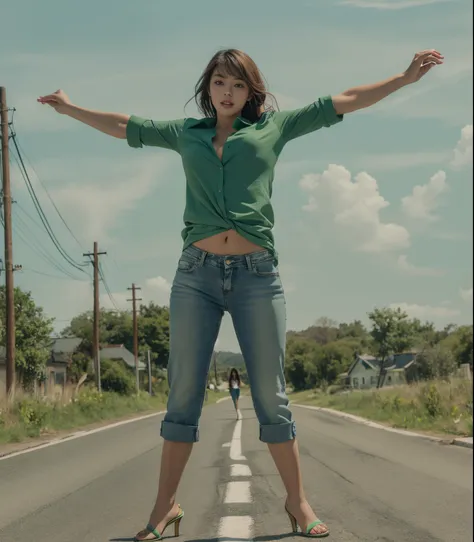 Young and beautiful girl，A look of excitement，standing on country road，Wear low-rise jeans，green-shirt，high-heels。closeup cleavage