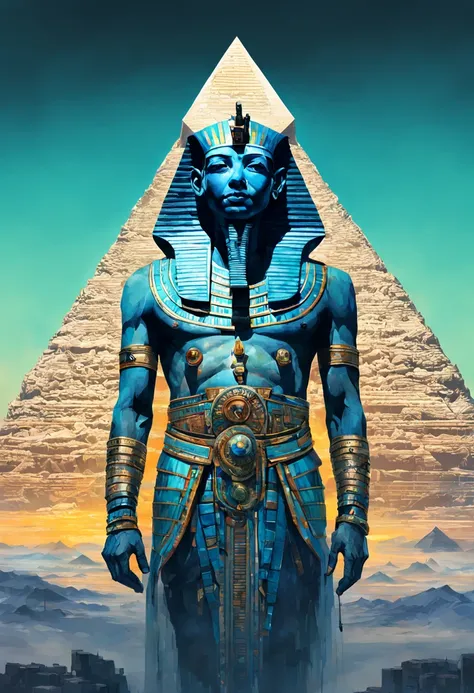 cyberpunk,futuristic egypt Pharao Ramses in biomechanical clothes,double exposure superimposed against astral pyramid skyline by Conrad Roset,Brandon Kidwell,Andreas Lie,Dan Mountford,Agnes Cecile,Jeremy Mann,oil and ink canvas,fine art,super dramatic ligh...