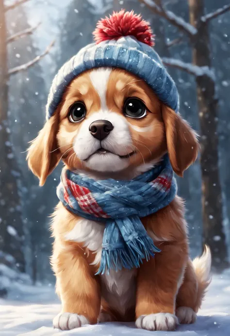 a cute puppy wearing a winter hat and scarf, fantasy, cartoon, disney, pixar, realistic style, concept art,, style ai midjourney