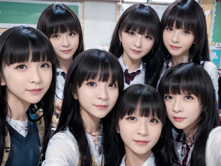 a picture、5girls、same face, matching school uniform、5 cute girls with long black hair and big breasts、a smile、selfee、‎classroom、...