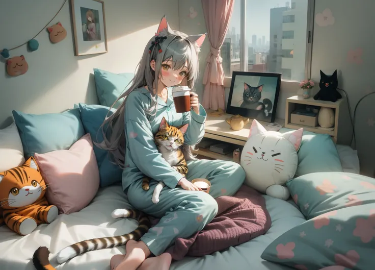 anime cat girl with long gray teal hair, wearing a pajamas, brown ayes, holding a cup of coffee, happy, a wide shot of a bedroom, cute plushie and pillow on the bed, hugging a cat, cute room, wide wallpaper. HD image, city background on the window,