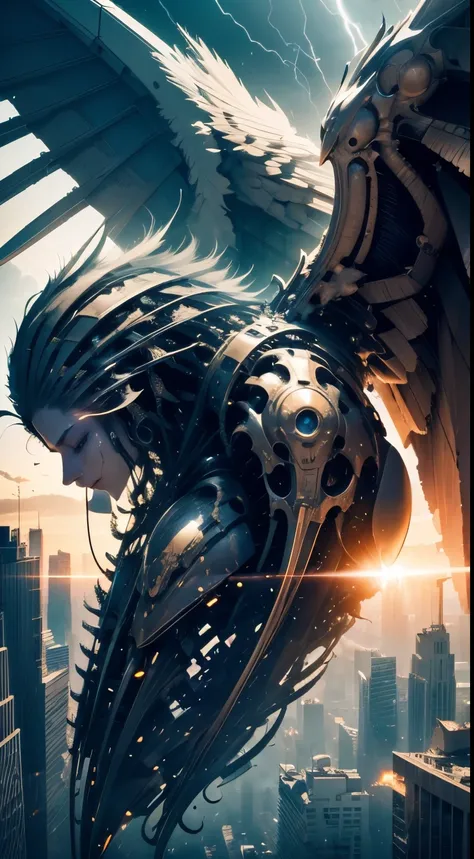 (looks like mechanical animal like body), (human face, tears, closing eyes), 12 wings, thunderstorm, (apocalypse), (flying), huge angel, in the city,