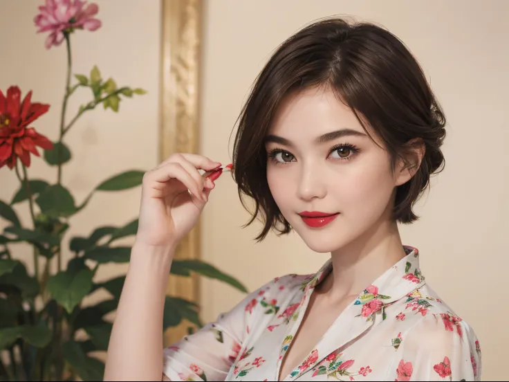 109
(a 20 yo woman,is standing), (A hyper-realistic), (high-level image quality), ((beautiful hairstyle 46)), ((short-hair)), (Gentle smile), (Keep your mouth shut), (lipsticks), (breasted:1.1), Floral clothing