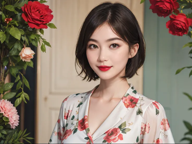 109
(a 20 yo woman,is standing), (A hyper-realistic), (high-level image quality), ((beautiful hairstyle 46)), ((short-hair)), (Gentle smile), (Keep your mouth shut), (lipsticks), (breasted:1.1), Floral clothing