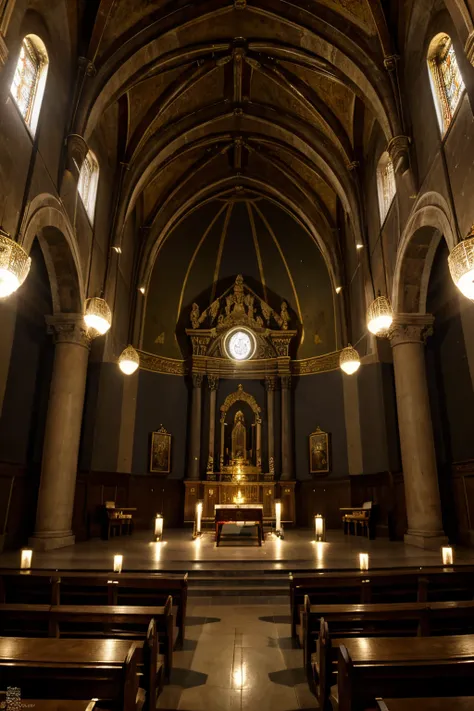 escena de sala de gotico,iluminada con velas,muebles antiguos,techos con arte grafica de angeles, semejante al interior de la capilla de san pedro en italia,estilo renacentista gotico