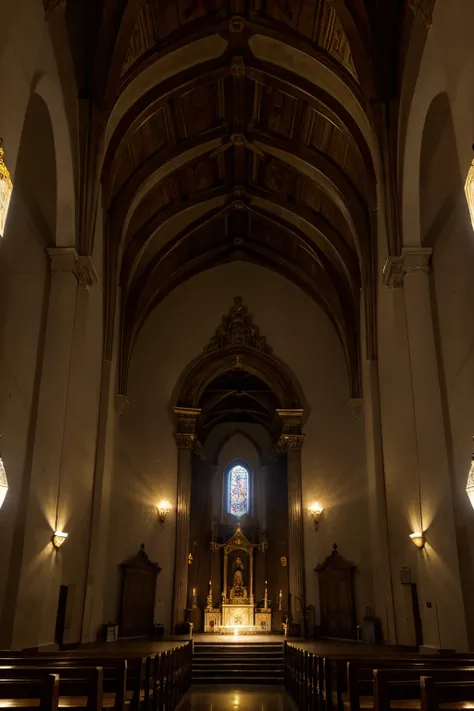 escena de sala de gotico,iluminada con velas,muebles antiguos,techos con arte grafica de angeles, semejante al interior de la capilla de san pedro en italia,estilo renacentista gotico