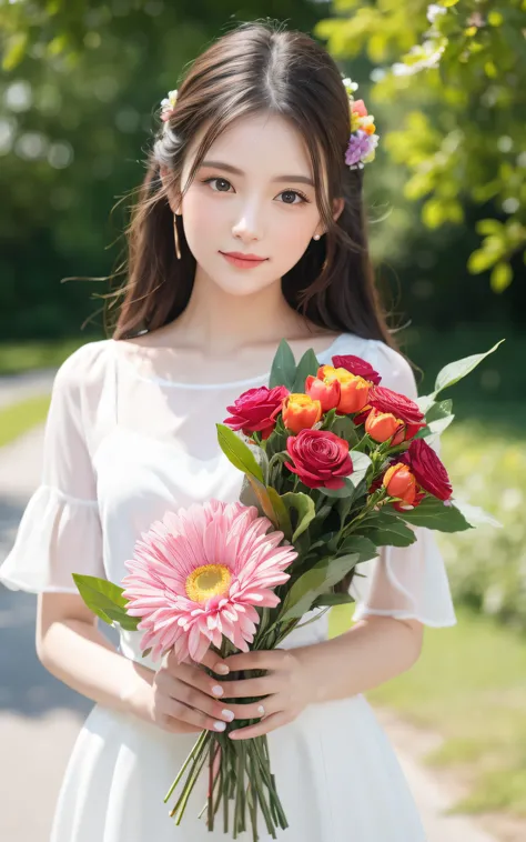 masterpiece, Best Quality, 8K, 1 girl, holding a Bouquet of colorful many flowers, neat and clean beauty