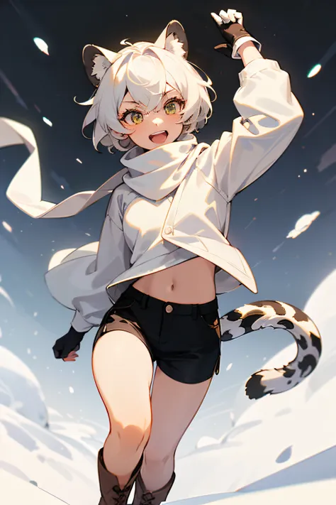 ((​masterpiece,Highest Quality)),(1Girl),(Solo),(Female focus),white scarf, white sweater, black shorts, brown boots, brown gloves,Short white hair, white snow leopard ears, white snow leopard tail, pointed teeth, white skin