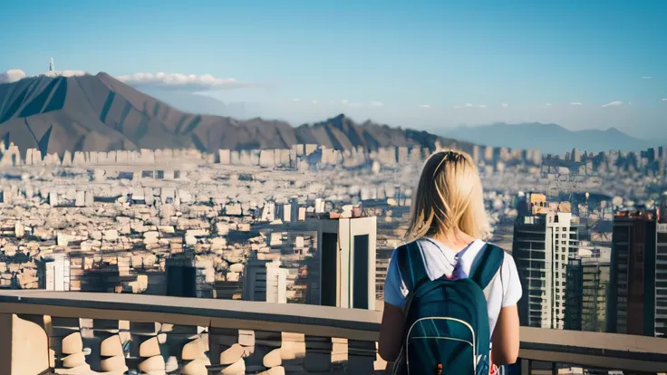 A woman, a 40-year-old European backpacker with short, blonde hair, is portrayed in a wide medium wide shot. The camera captures him from behind, with his head turned towards the camera. Standing at the vantage point, the person takes in the panoramic view...