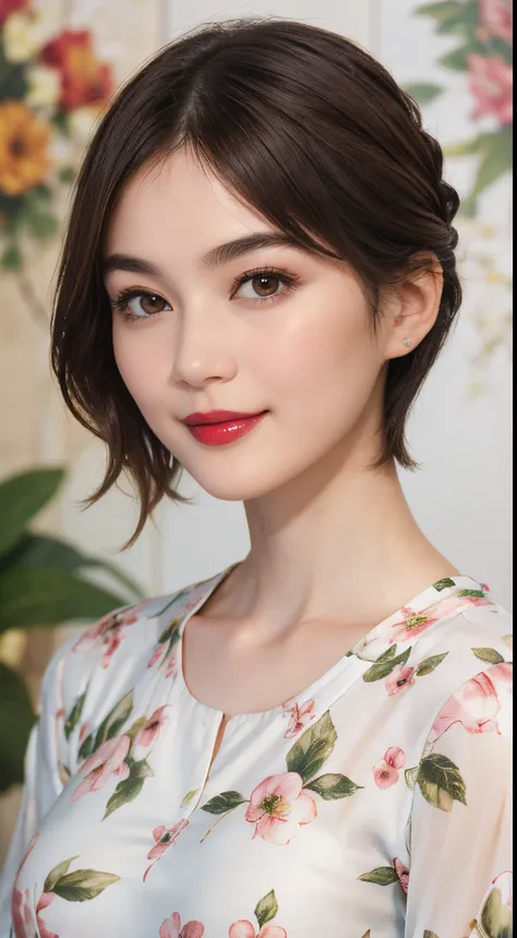 109
(a 20 yo woman,is standing), (A hyper-realistic), (high-level image quality), ((beautiful hairstyle 46)), ((short-hair)), (Gentle smile), (Keep your mouth shut), (lipsticks), (breasted:1.1), Floral clothing