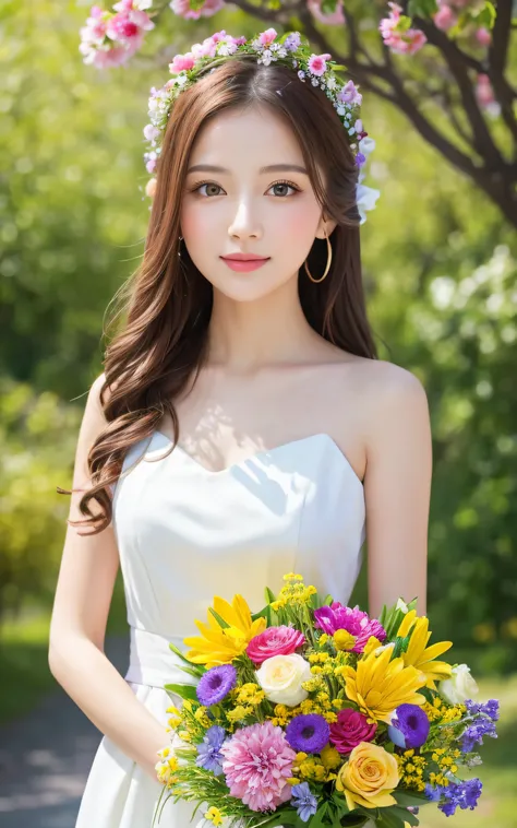 masterpiece, Best Quality, 8K, 1 girl, holding a Bouquet of colorful many flowers, neat and clean beauty