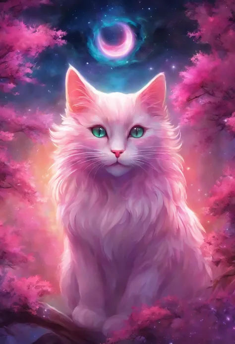 (pink eyes,cat,outer space),oil painting,cosmic background,galactic nebulas,cats fur details,aurora borealis colors,shining stars,high-res,photorealistic,soft lighting