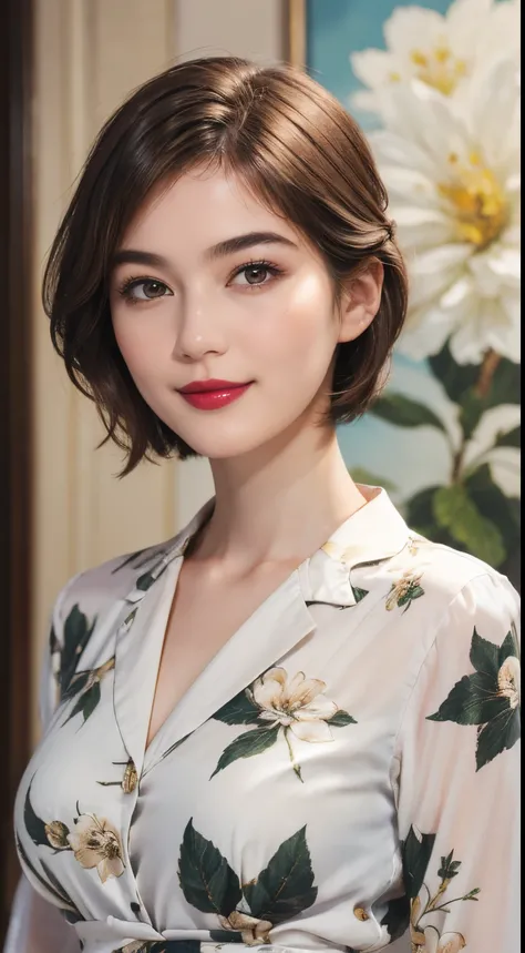 109
(a 20 yo woman,is standing), (A hyper-realistic), (high-level image quality), ((beautiful hairstyle 46)), ((short-hair)), (Gentle smile), (Keep your mouth shut), (lipsticks), (breasted:1.1), Floral clothing