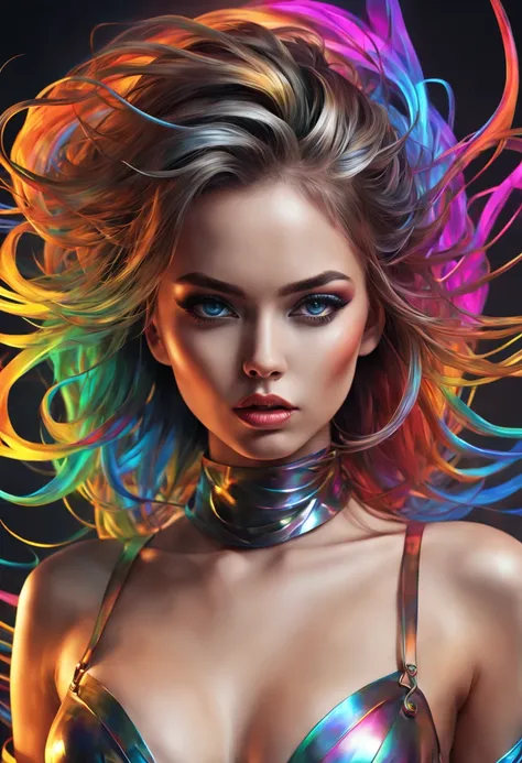 (line art:1.5)，Metal lines，A beautyful girl,model shoot style,abstract paintings, (extremely detaild的 CG unified 8k wallpapers), A chaotic storm of lines rises from a complex rainbow of smoke overhead, Stylized abstract portrait of beautiful girl,heavy met...