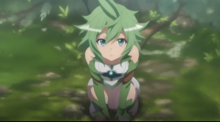 garota anime com cabelo verde e olhos azuis sentada em um campo, Simphogear, the anime girl is crouching, Dryad, captura de tela de um anime de 2012, Anime de hoje ainda em destaque, floresta seca, no filme de anime, Anime still image, captura de tela do f...