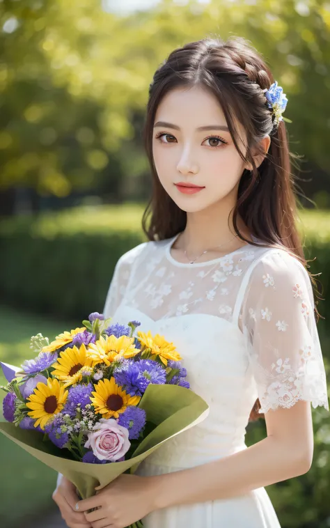 masterpiece, Best Quality, 8K, 1 girl, holding a Bouquet of colorful many flowers, neat and clean beauty