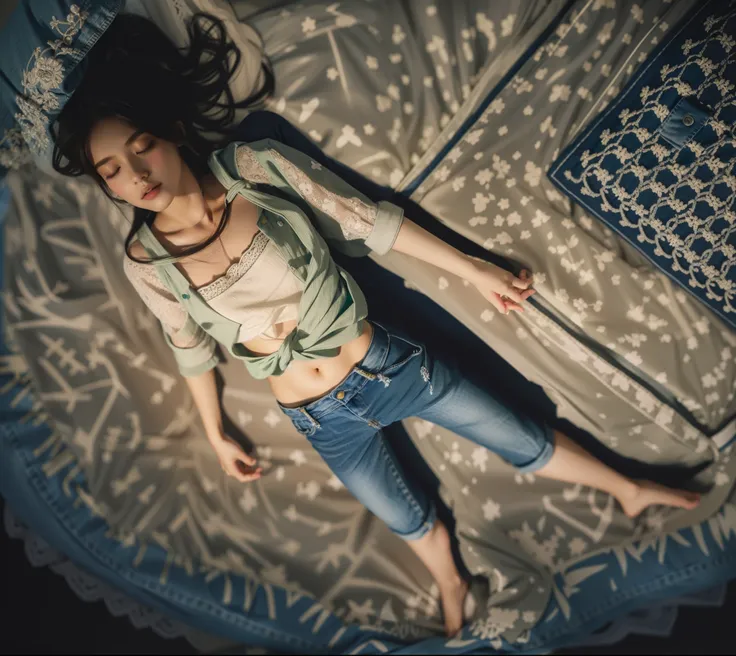 Young beautiful brunette girl sleeping in bed。natural handsom，Focus sharp，strongcontrast，Leak a little navel，Wear a light green knotted top，dark blue denim jeans，The barefoot。Close-up。（the hair，nabel）